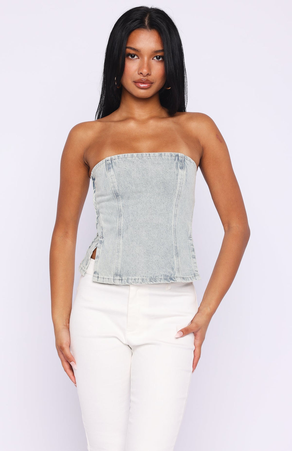 Not Listening Strapless Denim Top Light Blue Wash